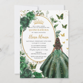 Emerald Green Floral Princess Dress Quinceañera Einladung