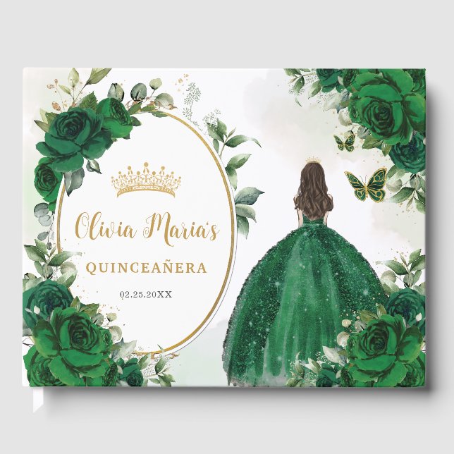 Emerald Green Floral Princess Dress Quinceanera Gästebuch (Vorderseite)