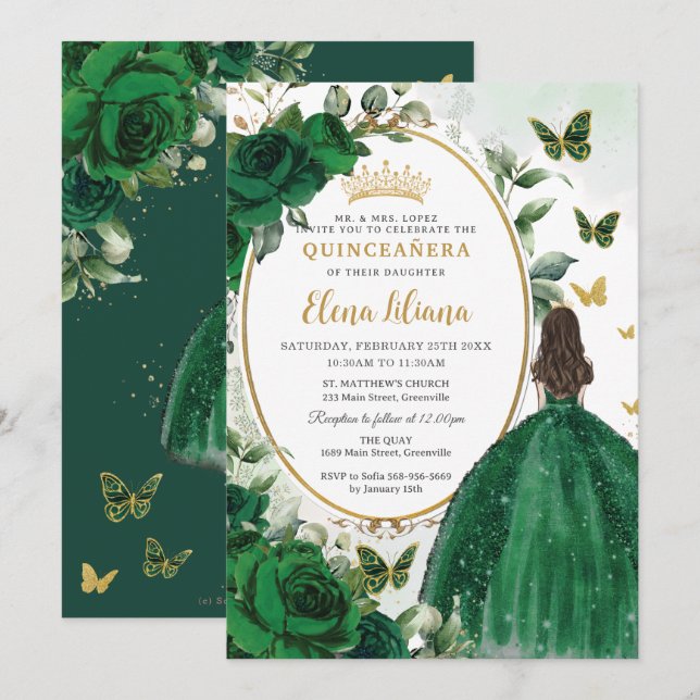 Emerald Green Floral Princess Gold Quinceañera Einladung (Vorne/Hinten)