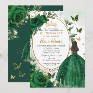 Emerald Green Floral Princess Gold Quinceañera Einladung