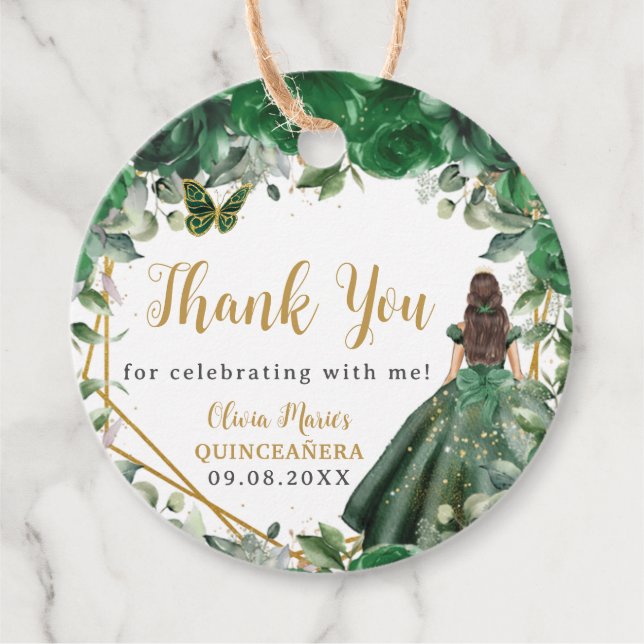 Emerald Green Floral Princess Gold Quinceañera Geschenkanhänger (Vorderseite)