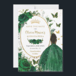 Emerald Green Floral Princess Gold Quinceañera Save The Date<br><div class="desc">Personalisieren Sie diesen hübsch smaragdgrünen Blumenstrauß Quinceañera / Sweet 16 Geburtstag Save the Date einfach und schnell. Klicken Sie einfach auf die Schaltfläche "Weitere Einstellungen", um die Texte zu bearbeiten, Schriftart und Schriftart zu ändern. Mit einem Mädchen in einem schönen glitzernden grünen Ball-Kleid gekleidet, lebendige grüne Rose, Schmetterlinge und einem...</div>