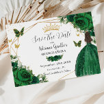 Emerald Green Floral Princess Gold Quinceañera Save The Date<br><div class="desc">Personalisieren Sie diesen hübschen smaragdgrünen Blumengeometrie Gold Quinceañera / Sweet 16 Geburtstag Save the Date einfach und schnell. Klicken Sie einfach auf die Schaltfläche "Weitere Einstellungen", um die Texte zu bearbeiten, Schriftart und Schriftart zu ändern. Mit einem Mädchen gekleidet in einem schönen smaragdgrünen Ballkleid, lebendigen smaragdgrünen Rose, Schmetterlinge und eleganten...</div>