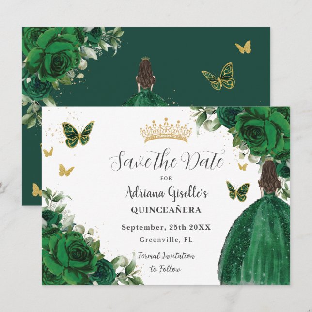 Emerald Green Floral Princess Gold Quinceañera Save The Date (Vorne/Hinten)