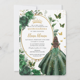 Emerald Green Floral Princess Gown Quinceañera Einladung