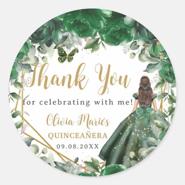 Emerald Green Floral Princess Quinceañera Gevor Runder Aufkleber (Vorderseite)