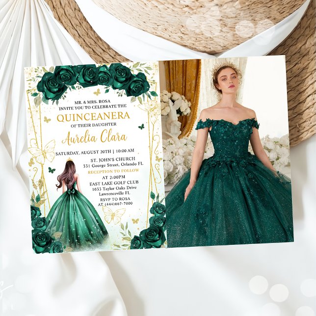 Emerald Green Floral Princess Quinceañera Photo Einladung (Von Creator hochgeladen)