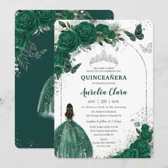 Emerald Green Floral Princess Silver Quinceañera Einladung (Vorne/Hinten)