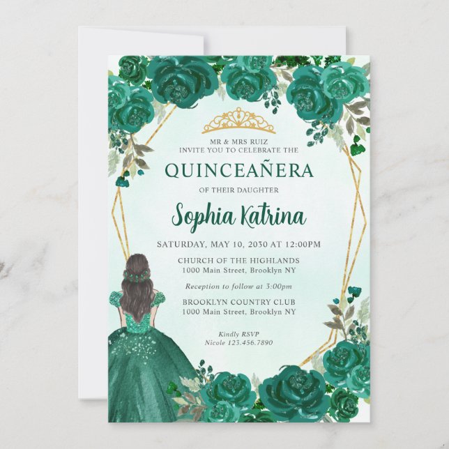 Emerald Green Floral Princess Tiara Quinceañera Einladung (Vorderseite)