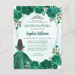 Emerald Green Floral Princess Tiara Quinceañera Postkarte