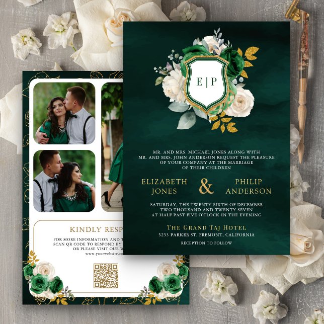 Emerald Green Floral QR Code Foto Wappen Hochzeit Einladung (Von Creator hochgeladen)
