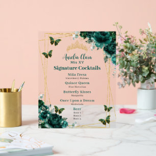 Emerald Green Floral Quinceanera Bar Cocktail Menu