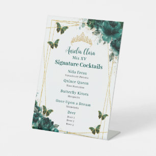 Emerald Green Floral Quinceanera Bar Cocktail Menü Sockelschild