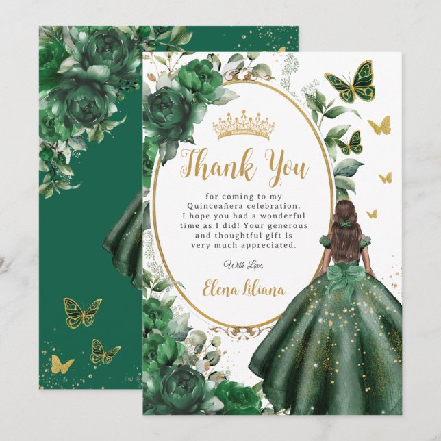 Emerald Green Floral Quinceañera Brown Princess Dankeskarte (Vorne/Hinten)