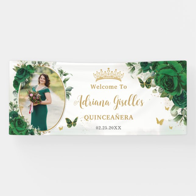 Emerald Green Floral Quinceañera Foto Hintergrund Banner (Horizontal)