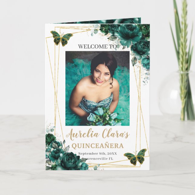 Emerald Green Floral Quinceanera Foto Padrinos Programm (Vorderseite)