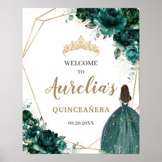 Emerald Green Floral Quinceañera Geometric Willkom Poster (Vorne)