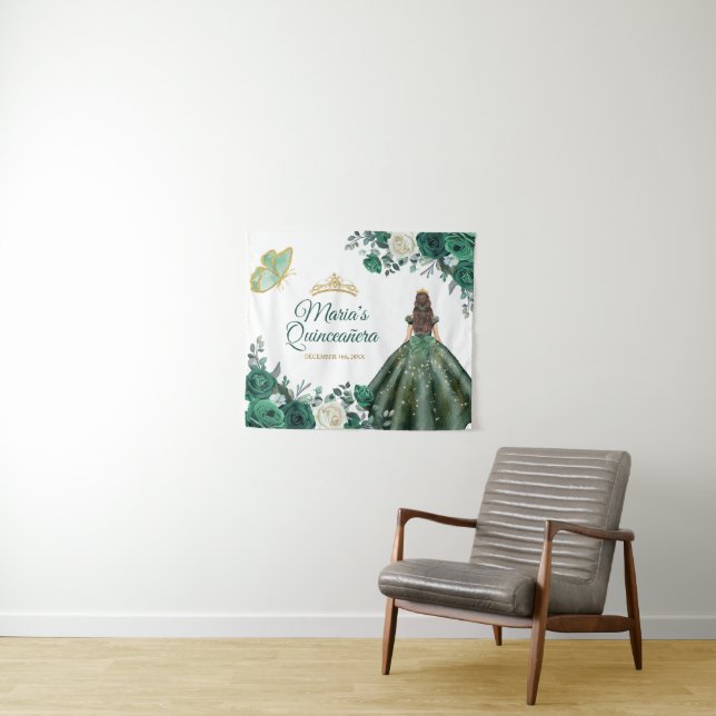 Emerald Green Floral Quinceañera Gold Willkommensz Wandteppich (Beispiel (Horizontal))