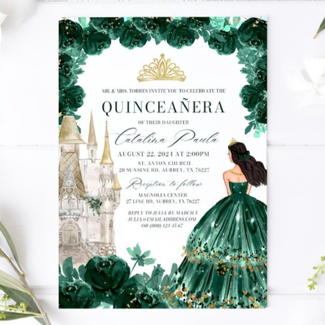 Emerald Green Floral Quinceanera Invitation Castle (Créateur téléchargé)