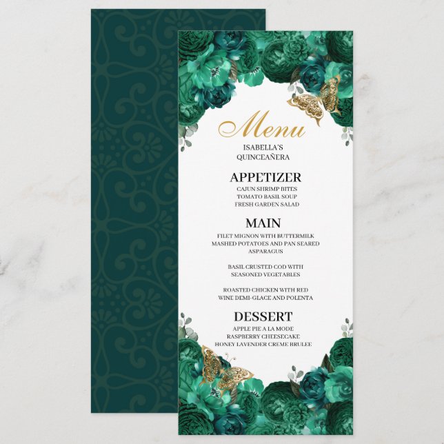 Emerald Green Floral Quinceanera Menü Einladung (Vorne/Hinten)