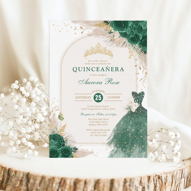 Emerald Green Floral Quinceañera Princess Dress Einladung (Von Creator hochgeladen)