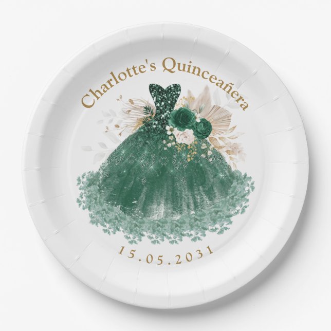 Emerald Green Floral Quinceanera Princess Dress Pappteller (Vorderseite)