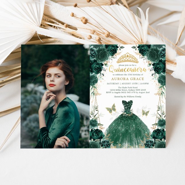 Emerald Green Floral Quinceañera Princess Foto Einladung (Von Creator hochgeladen)
