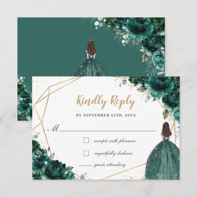 Emerald Green Floral Quinceañera Prinzessin Antwor RSVP Karte (Vorne/Hinten)