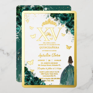 Emerald Green Floral Quinceañera Quince 15 XV Gold Folieneinladung
