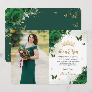 Emerald Green Floral Quinceañera Sweet 16 Foto Dankeskarte