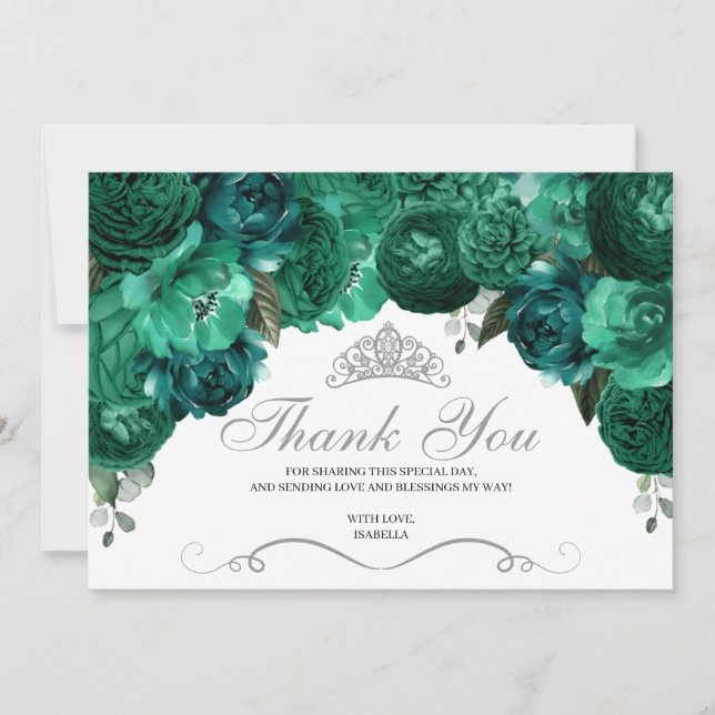 Emerald Green Floral Quinceanera Vielen Dank Dankeskarte (Vorderseite)