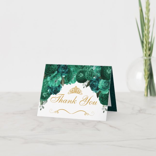 Emerald Green Floral Quinceanera Vielen Dank Einladung (Vorderseite)