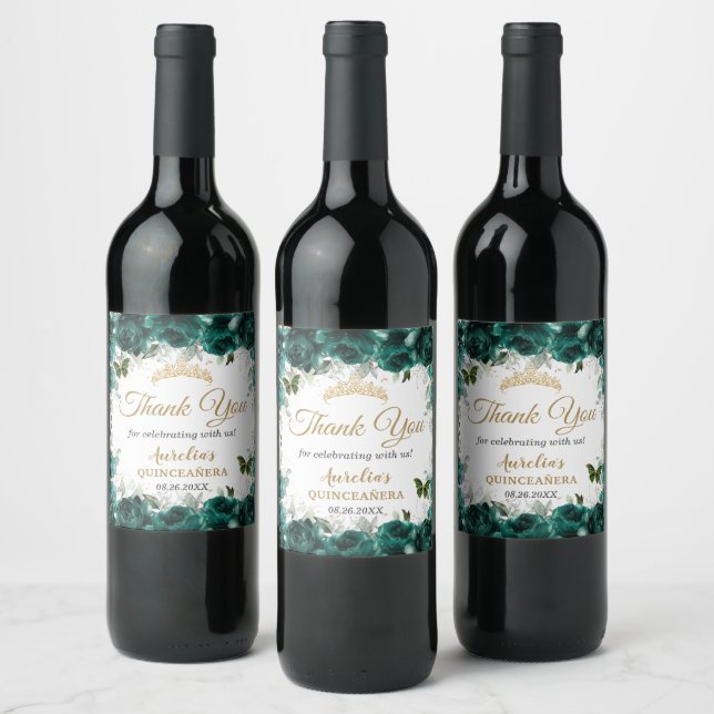 Emerald Green Floral Rose Butterfells Gefallen Weinetikett (Flaschen)