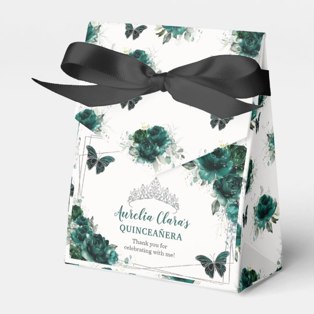 Emerald Green Floral Silver Quinceañera Butterfly Geschenkschachtel (Vorderseite)