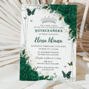 Emerald Green Floral Silver Quinceañera Sweet 16 Einladung