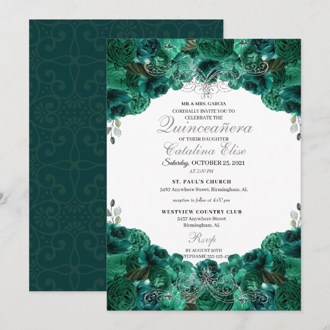 Emerald Green Floral Sweet 15 Quinceanera Einladung (Vorne/Hinten)