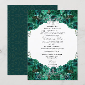 Emerald Green Floral Sweet 15 Quinceanera Einladung