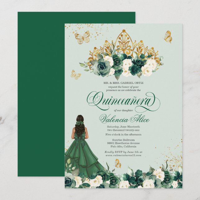 Emerald Green Floral Tiara + Butterfly Quinceanera Einladung (Vorne/Hinten)