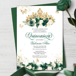 Emerald Green Floral Tiara + Butterfly Quinceanera Einladung