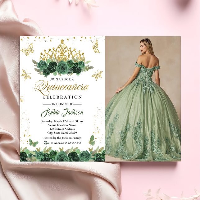 Emerald Green Floral Tiara Butterfly Quinceanera Einladung (Von Creator hochgeladen)