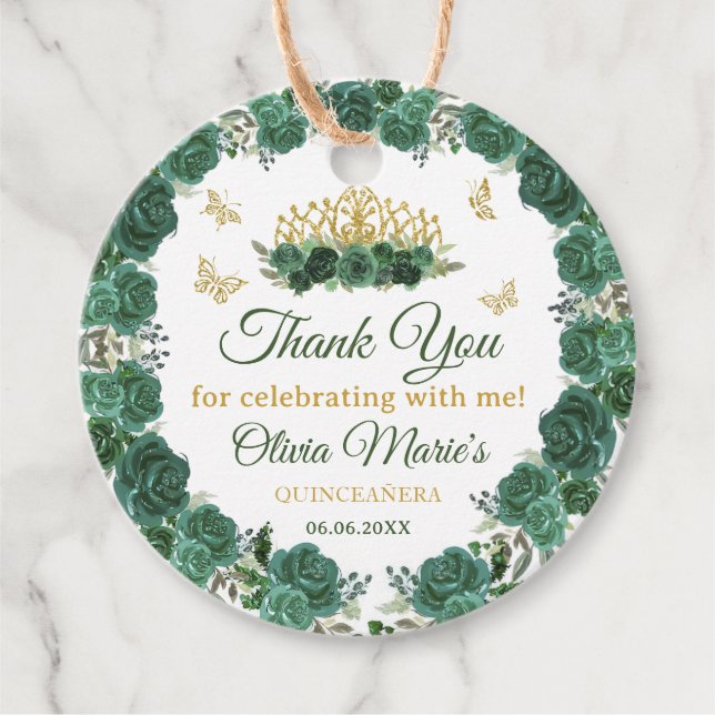 Emerald Green Floral Tiara Butterfly Quinceanera Geschenkanhänger (Vorderseite)