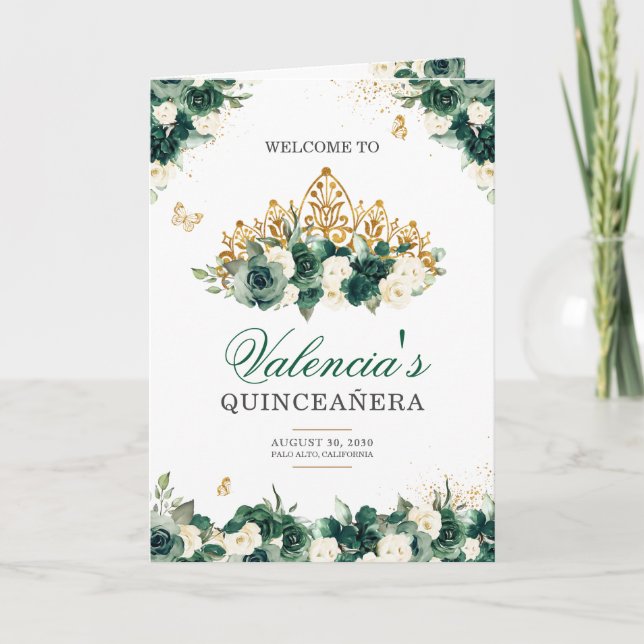 Emerald Green Floral Tiara Butterfly Quinceanera Programm (Vorderseite)