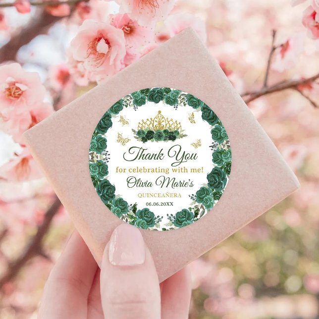 Emerald Green Floral Tiara Butterfly Quinceanera Runder Aufkleber (Von Creator hochgeladen)