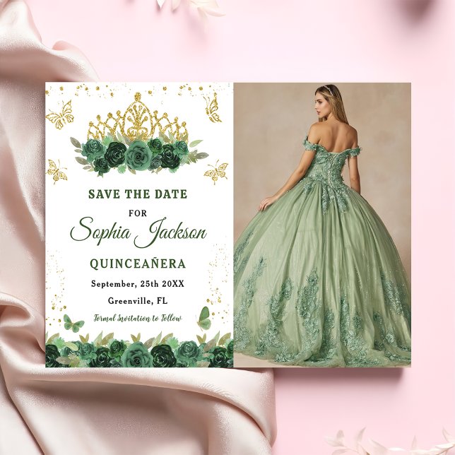 Emerald Green Floral Tiara Butterfly Quinceanera Save The Date (Von Creator hochgeladen)