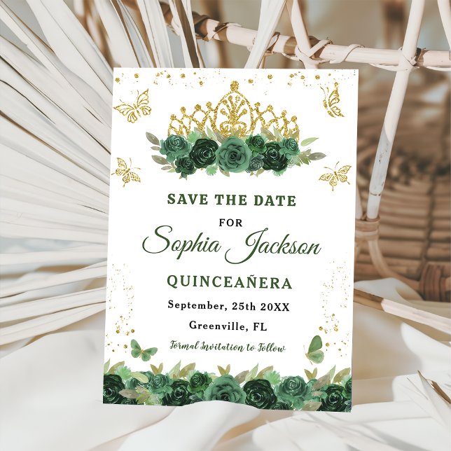 Emerald Green Floral Tiara Butterfly Quinceanera Save The Date (Von Creator hochgeladen)