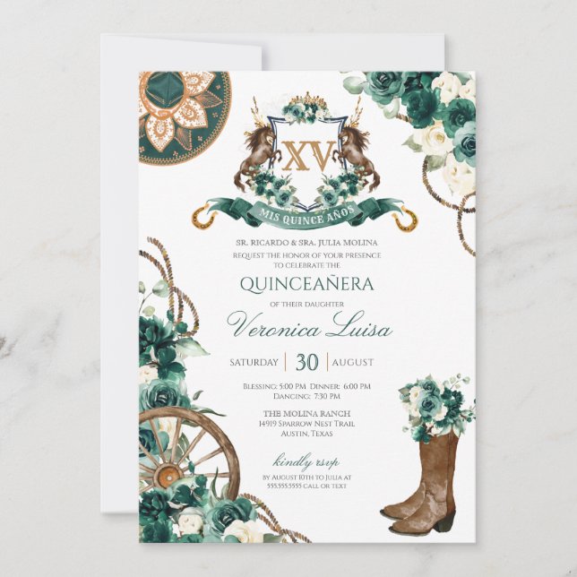 Emerald Green Floral Wappen Charro Quinceanera Inv Einladung (Vorderseite)