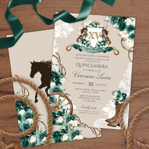 Emerald Green Floral Wappen Charro Quinceanera v3 Einladung