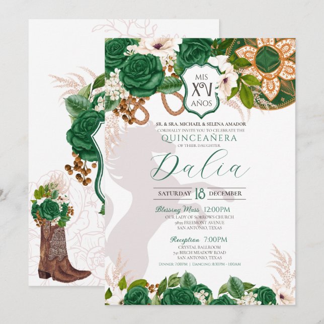 Emerald Green Floral Wappen Rose Charro Quinceañer Einladung (Vorne/Hinten)