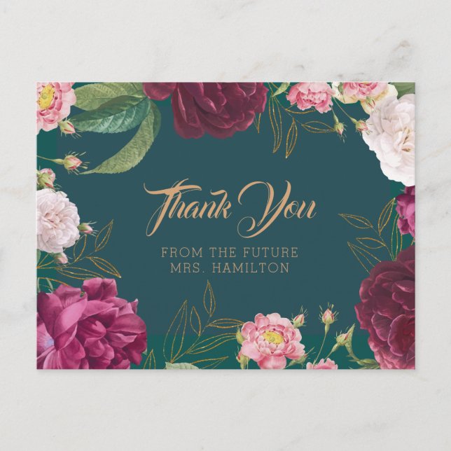 Emerald Green Floral Weddig Carte de remerciements (Devant)