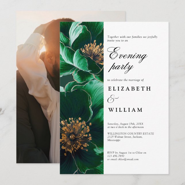 Emerald Green Floral Wedding Abend Party Foto Einladung (Vorne/Hinten)